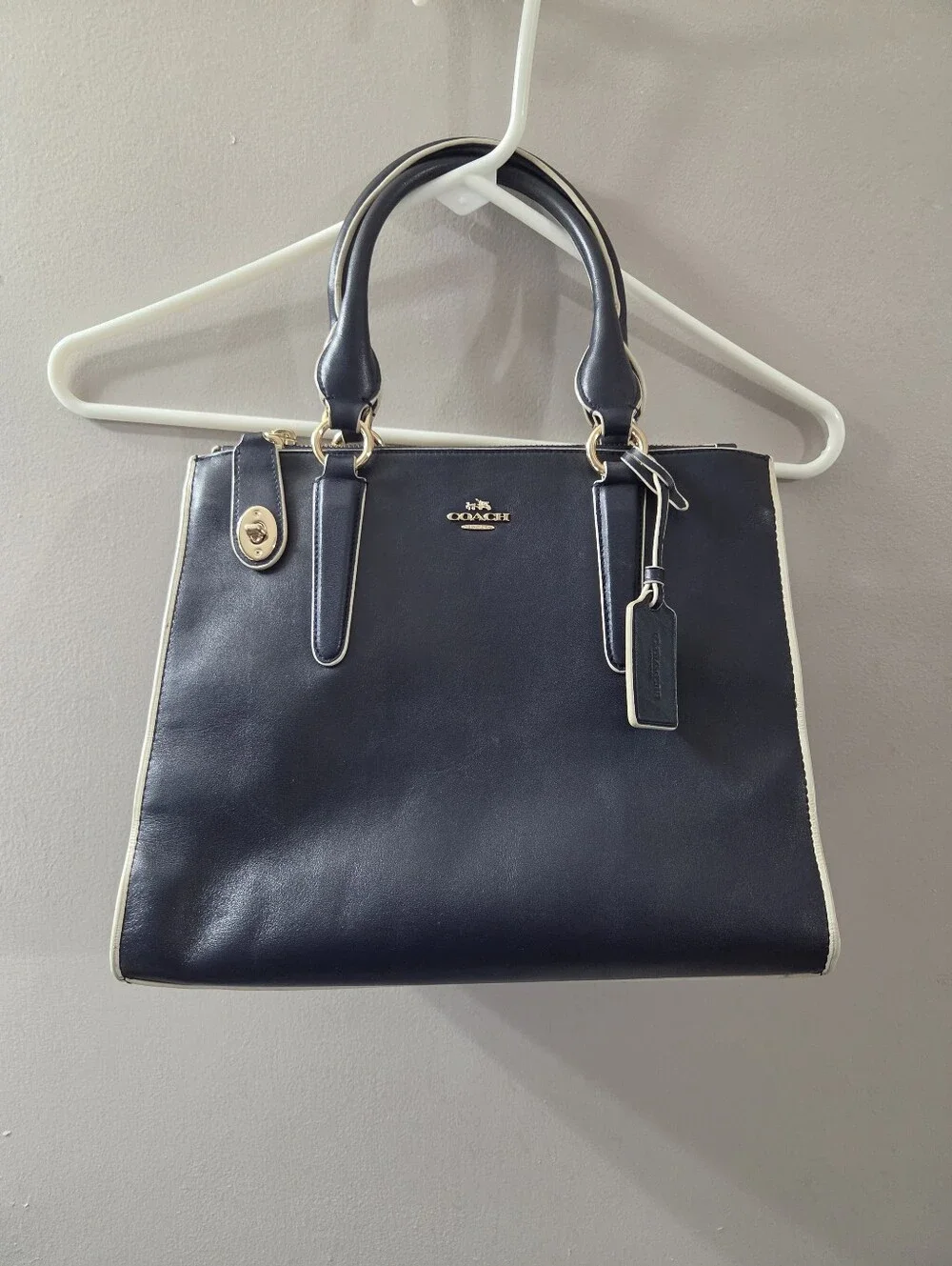 Coach Retired Crosby Navy Leather Satchel with Cream Trim and Gold Hardware